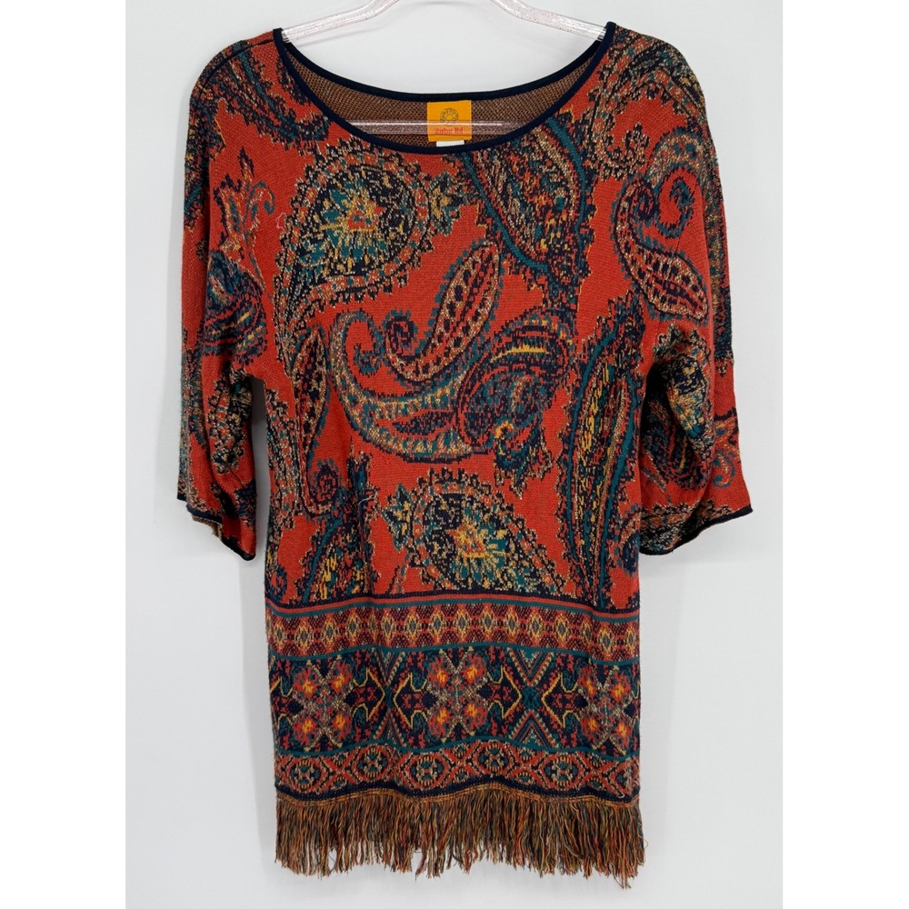 Ruby Rd Womens Paisley Knit Tunic Top Orange Teal Fringe Hem 3/4 Sleeve Sz S